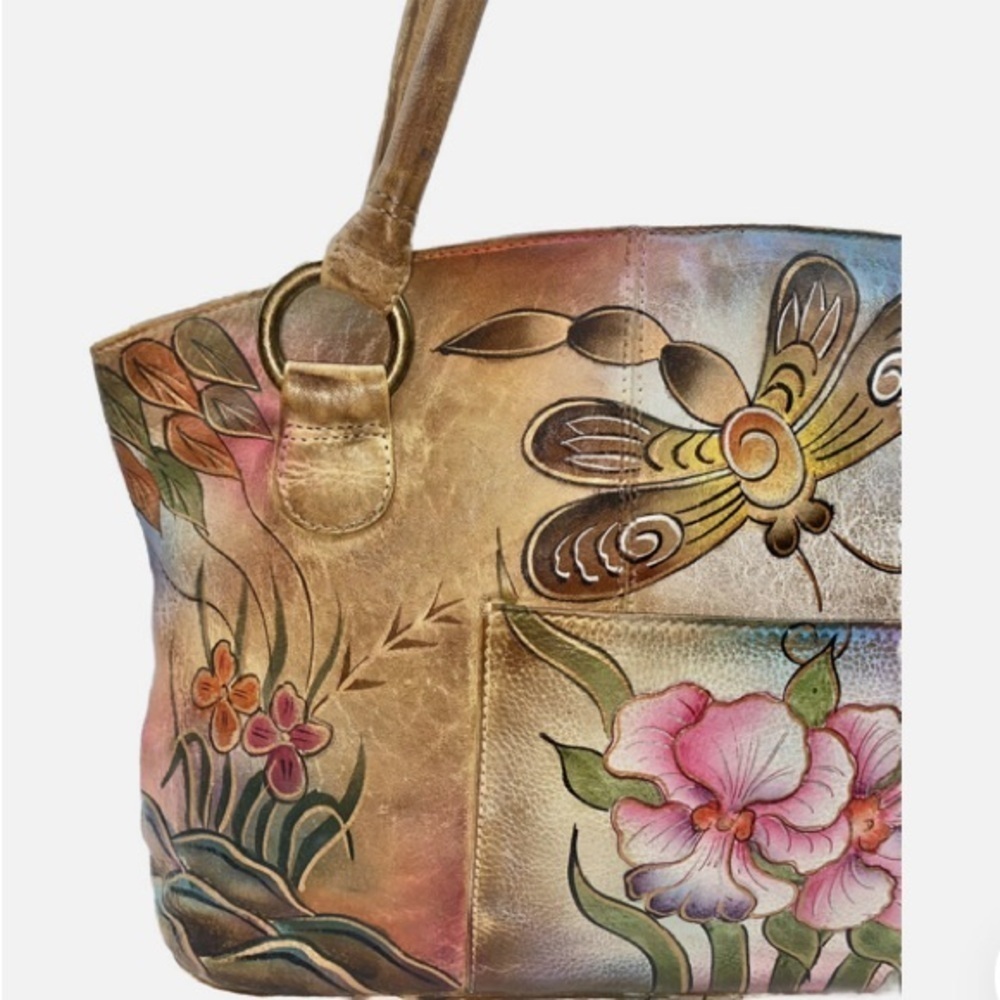 VTG Anuschka Hand Paint Flower Butterflies Leather Double Strap HandBag Satchel - Picture 4 of 12